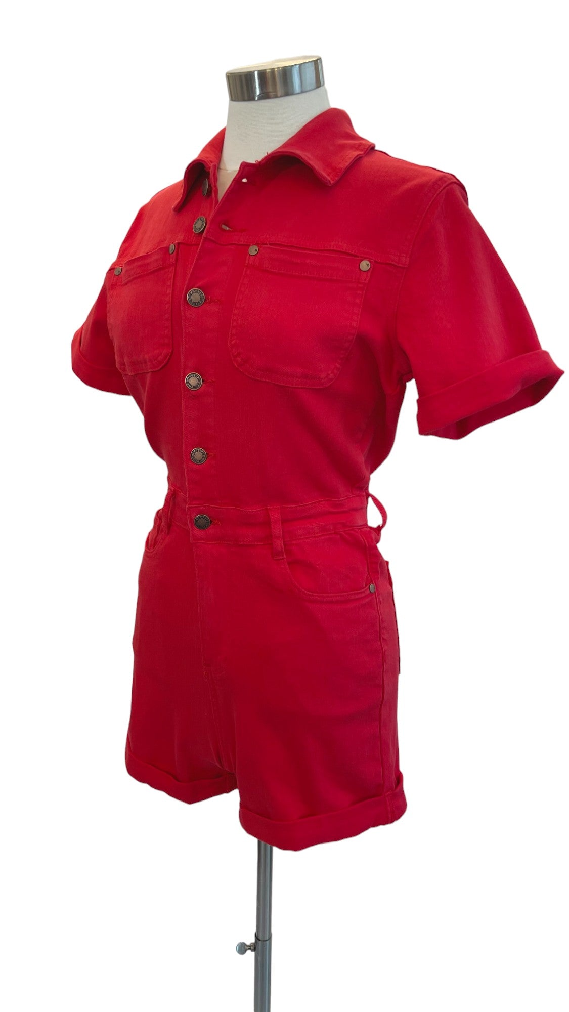 Judy Blue High Waist Garment Dyed Short Sleeve Romper in Red