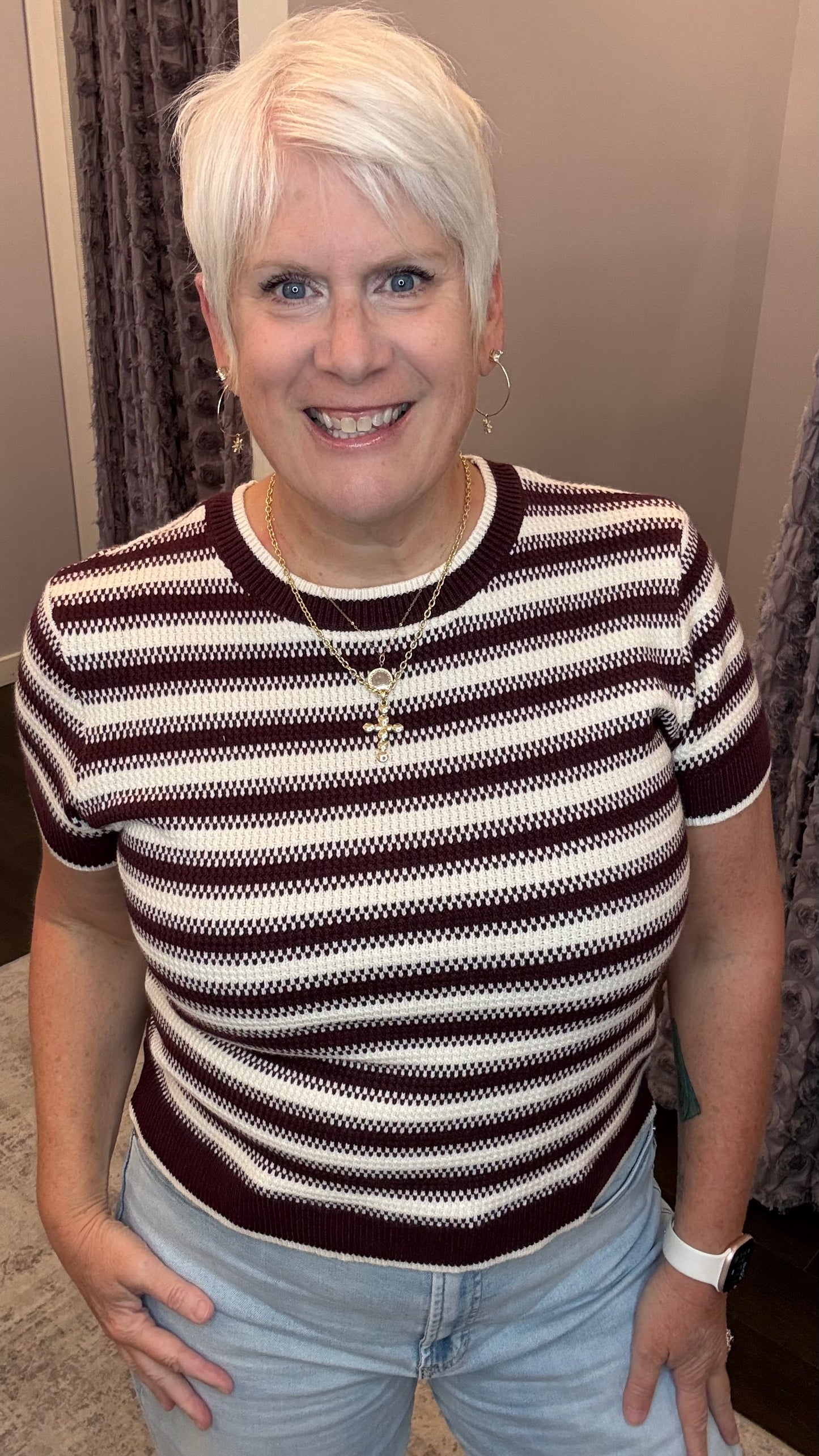 Welles Top in Cream Maroon Stripe by Thread & Supply