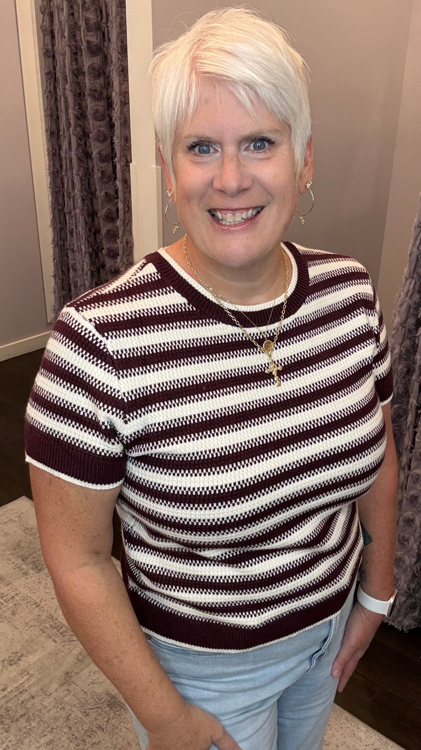 Welles Top in Cream Maroon Stripe by Thread & Supply