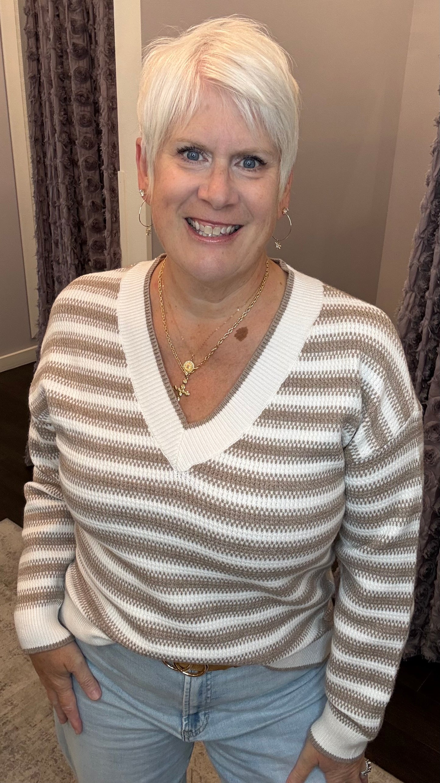 Hollis Sweater in Ivory Beige Stripe by Thread & Supply