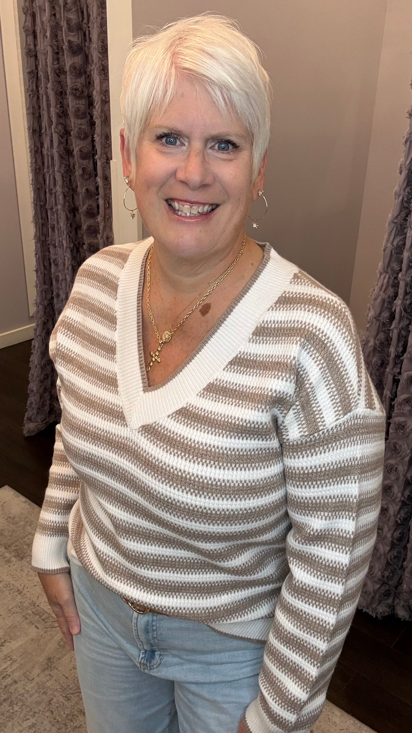 Hollis Sweater in Ivory Beige Stripe by Thread & Supply
