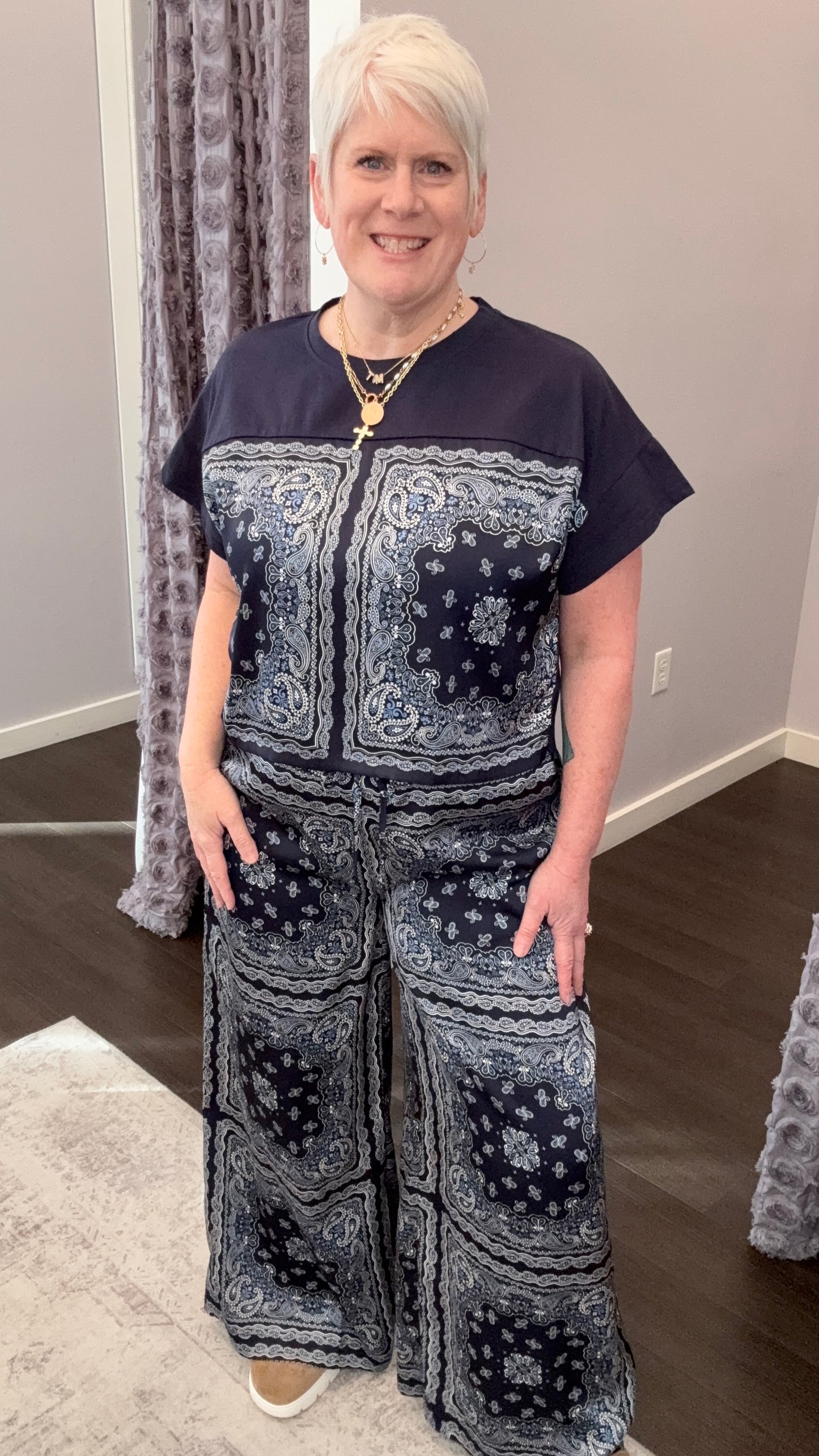 Blue Mood Bandana Drawstring Pants by Skies Are Blue