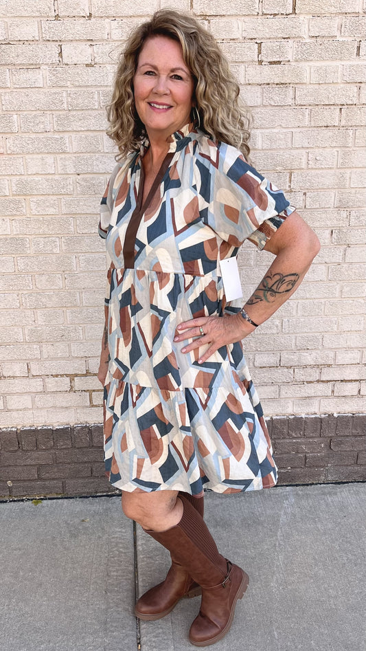 Faux Leather Trim Tiered Print Dress