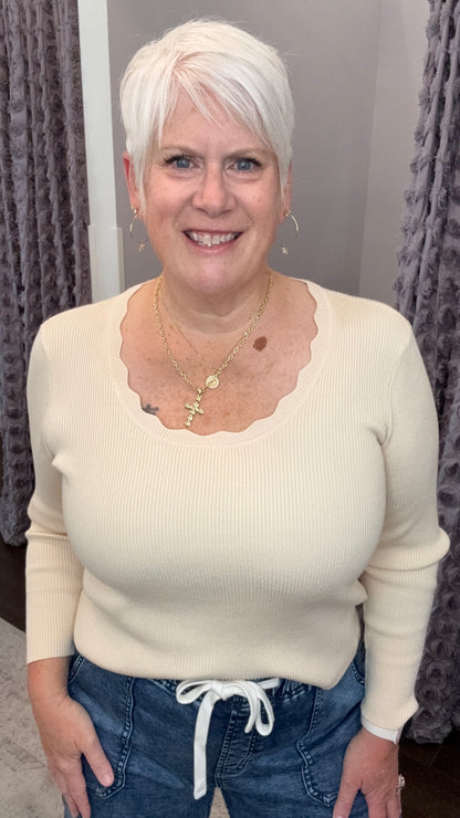 Softly Scalloped Sweater Top in Birch by Dex