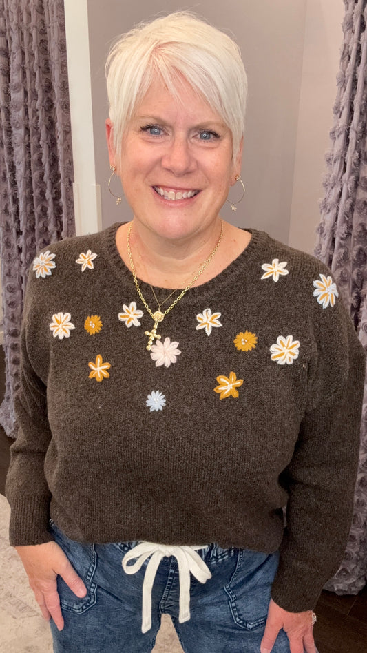 Freshly Picked Floral Sweater in Espresso Heather by Dex