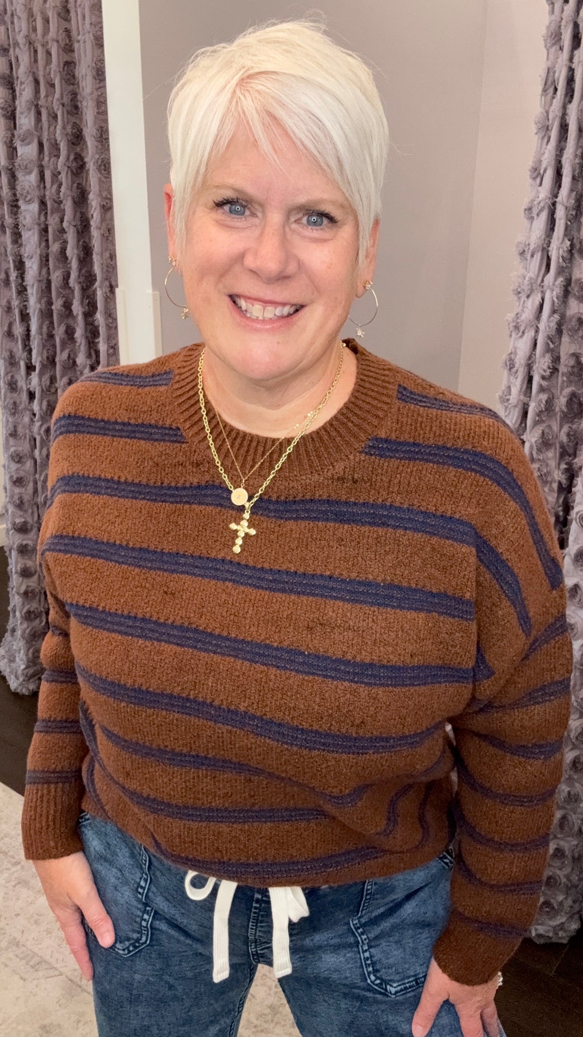 Autumn Lines Sweater in Rustic Brown & Blue by Dex
