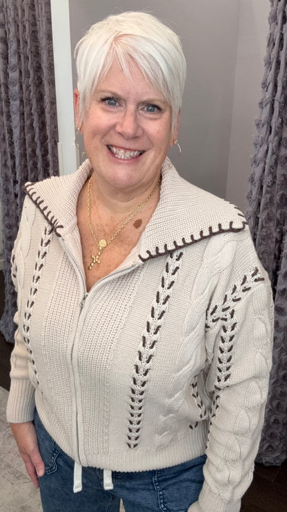 Stitched Together Cable Knit Sweater Jacket in Oatmeal by Dex