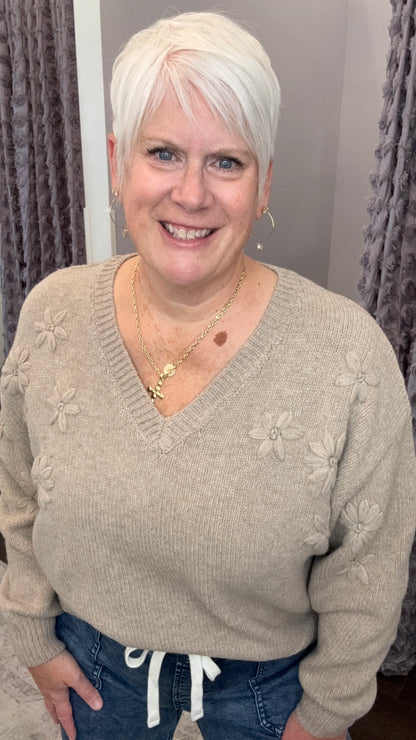 Daisy Days V-Neck Sweater in Soft Oatmeal