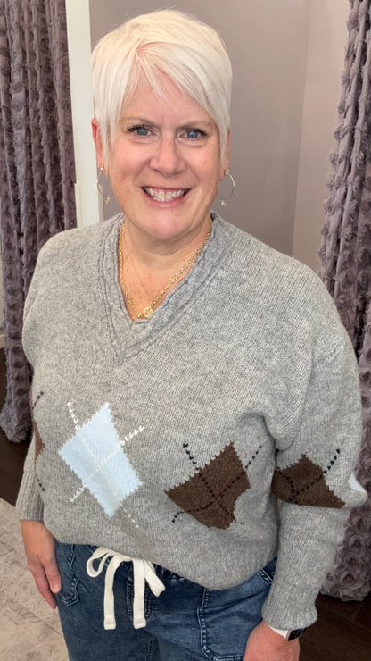 Prep Talk Argyle Sweater in Grey