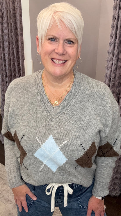 Prep Talk Argyle Sweater in Grey
