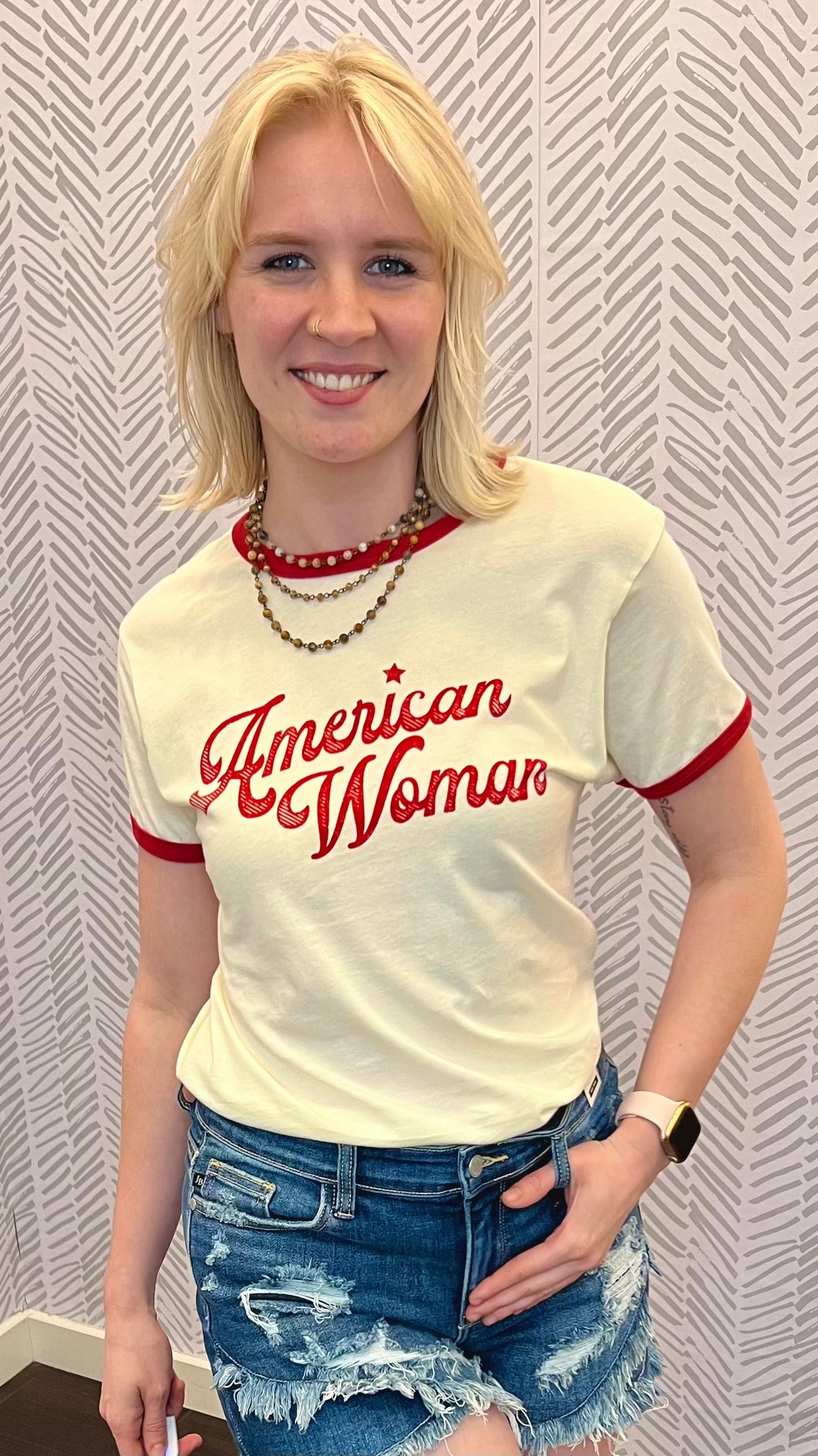 American Woman Ringer Graphic Tee
