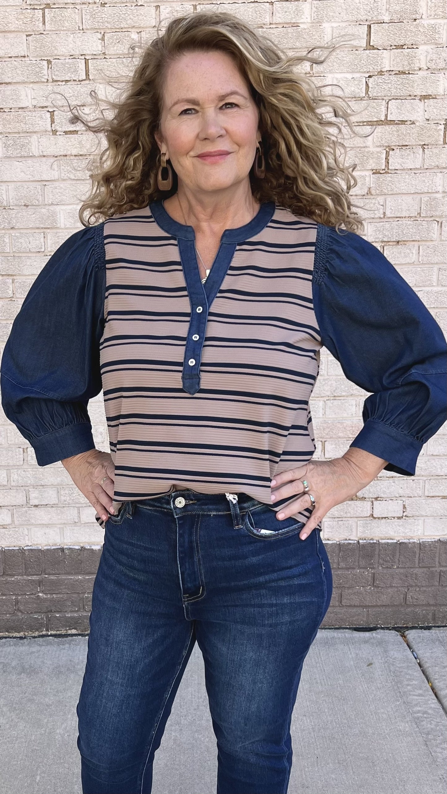 Striped Ribbed Top With Denim Sleeve