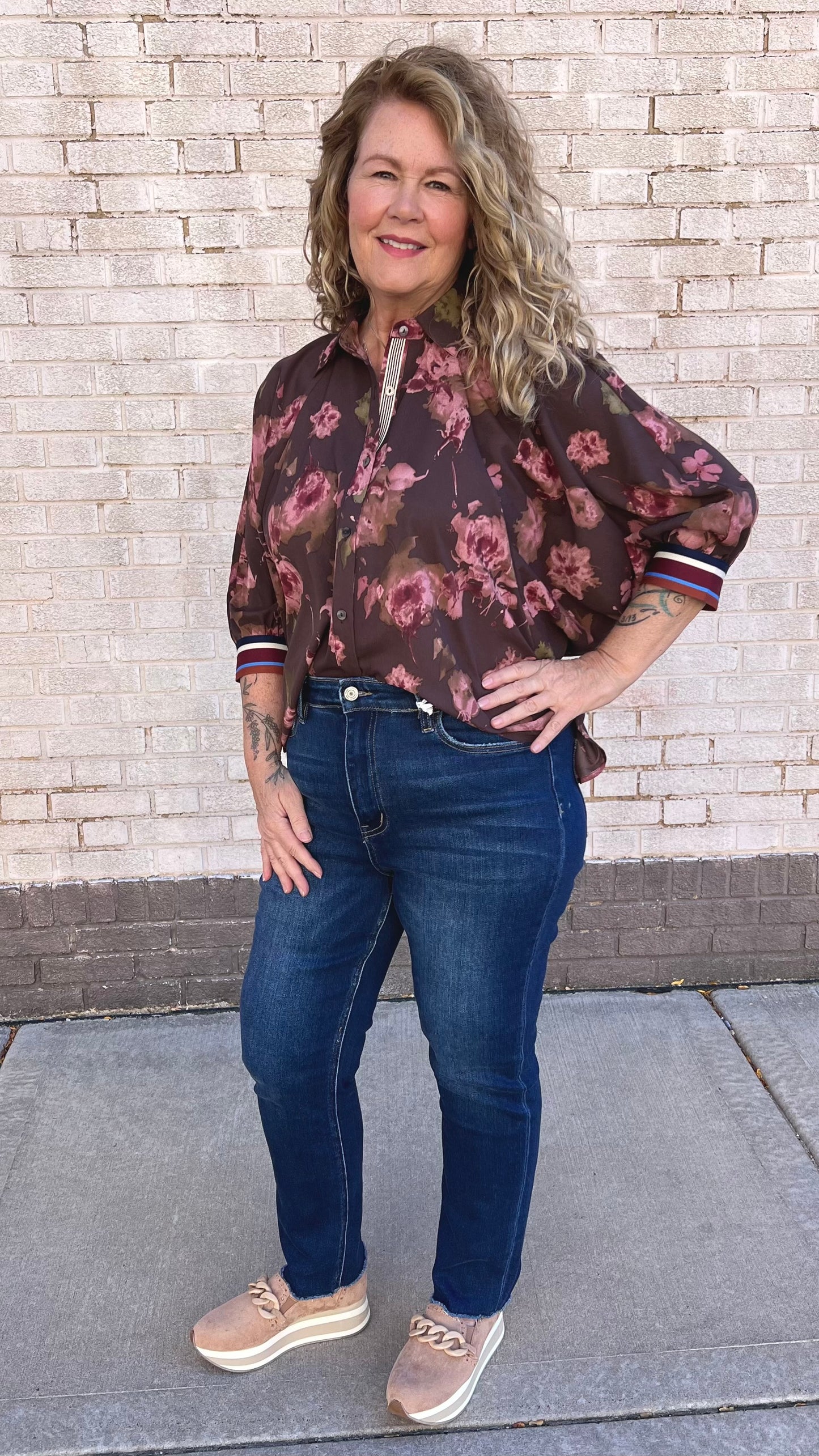 Floral Top with Multi Color Ribbed Band