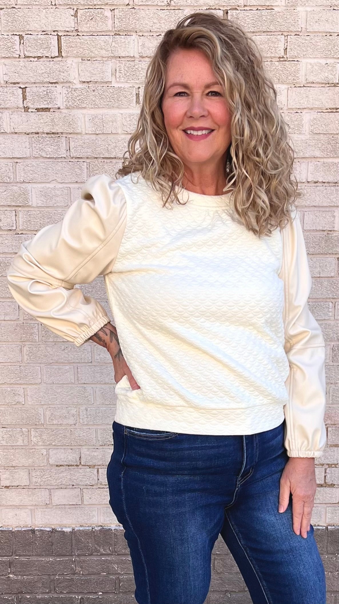 Faux Leather Long Sleeve Textured Top