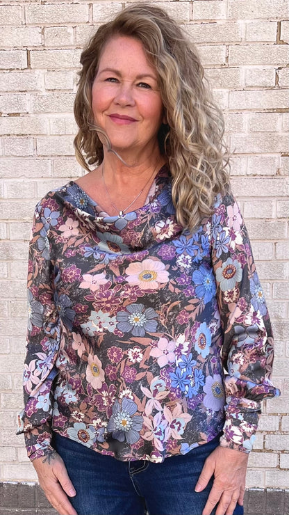 Floral Print Cowl Neck Blouse