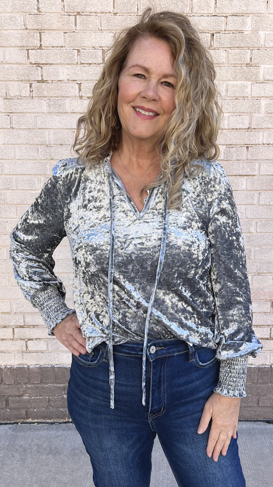 Smocked Velvet Blouse in Blue Grey