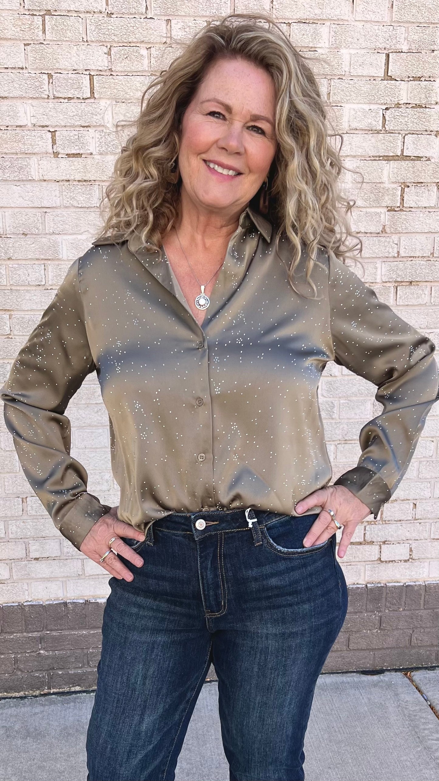 Rhinestone Button Down Satin Blouse