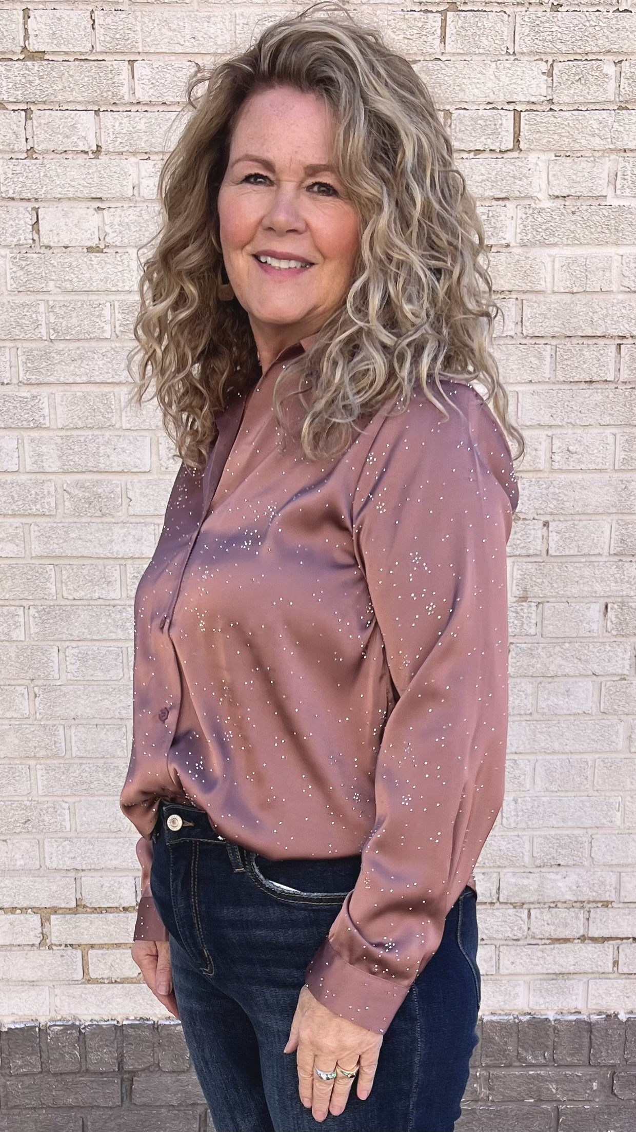 Rhinestone Button Down Satin Blouse