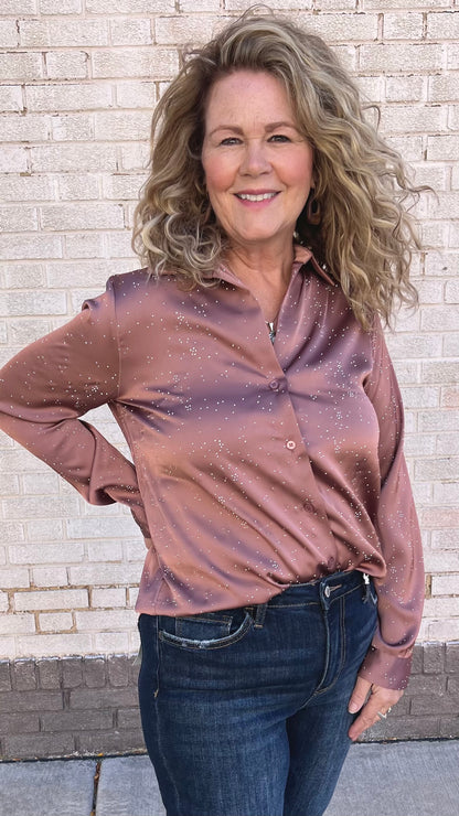 Rhinestone Button Down Satin Blouse