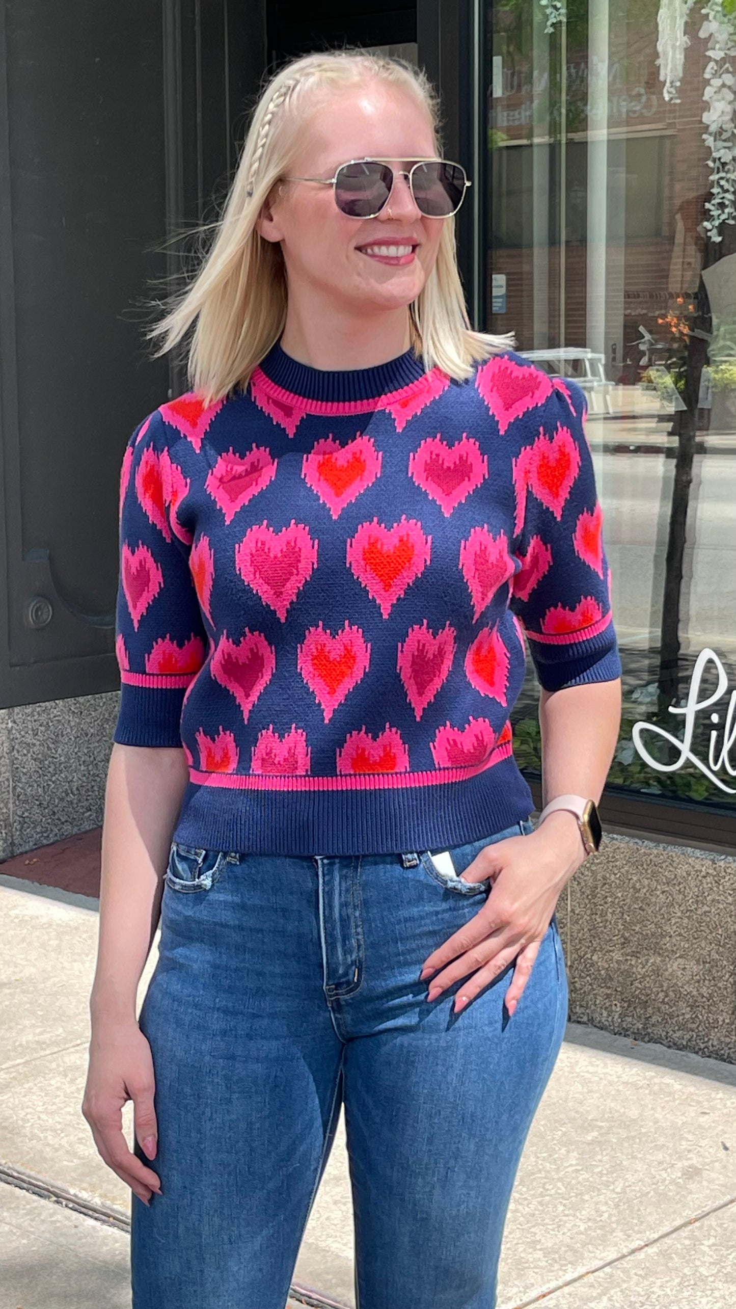 Heart Knit Short Sleeve Top