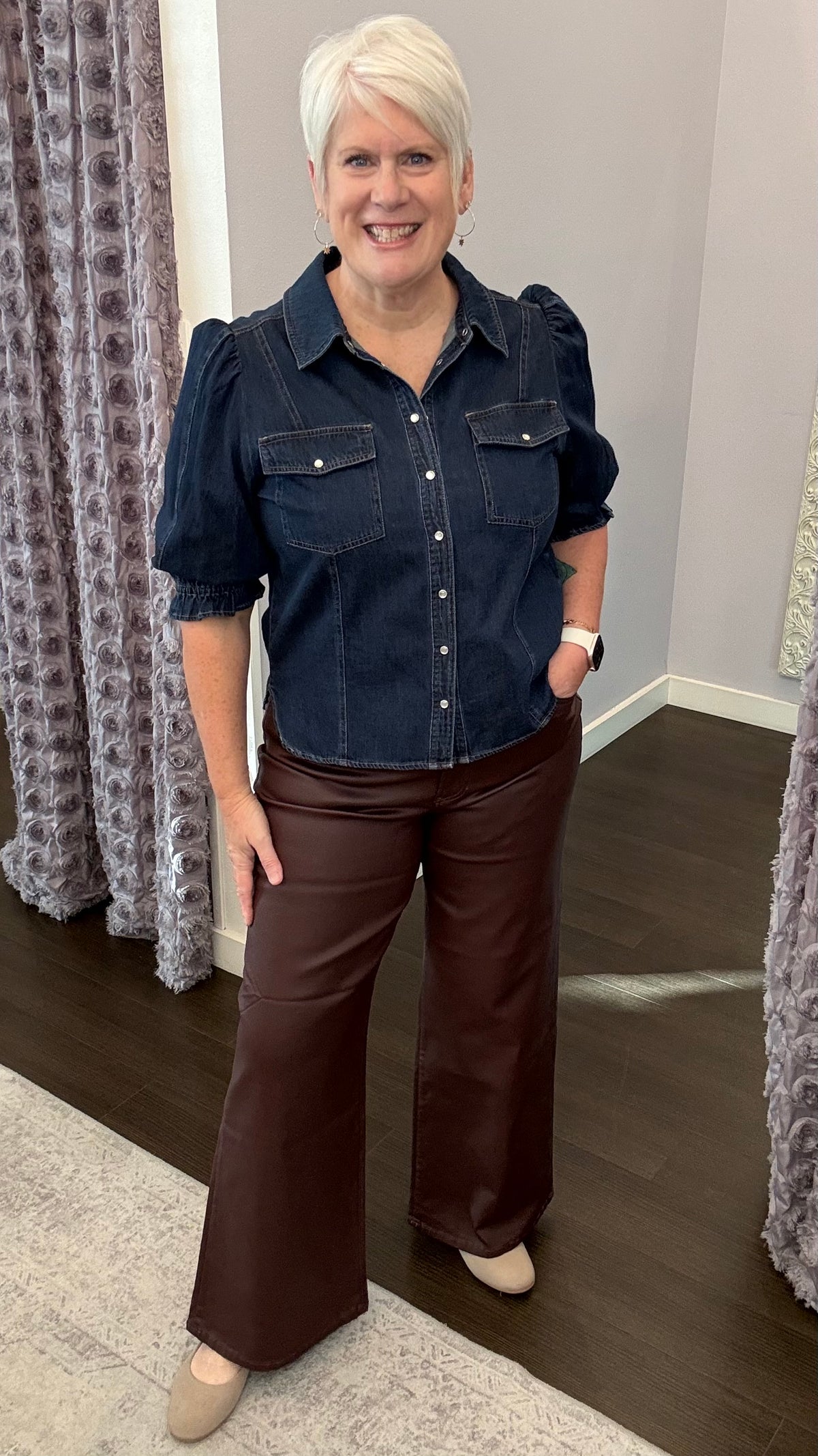 Fiona High Rise Coated Wide Leg Pants in Fig by Dear John