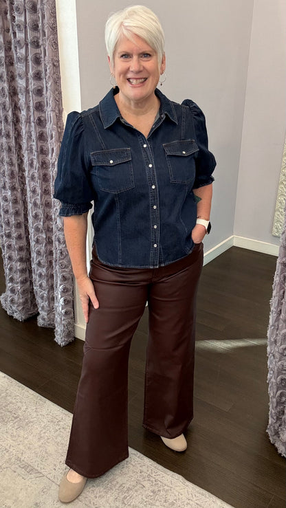 Fiona High Rise Coated Wide Leg Pants in Fig by Dear John