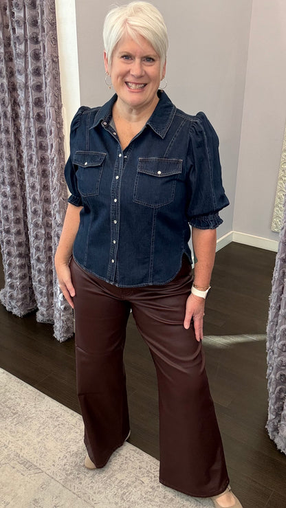 Fiona High Rise Coated Wide Leg Pants in Fig by Dear John