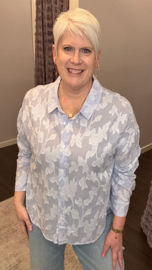 Adrianna Floral Burnout Top in Light Blue by Dear John