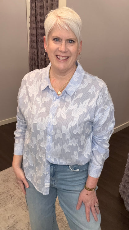 Adrianna Floral Burnout Top in Light Blue by Dear John