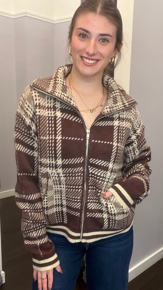 Café Latte Check Sweater Jacket