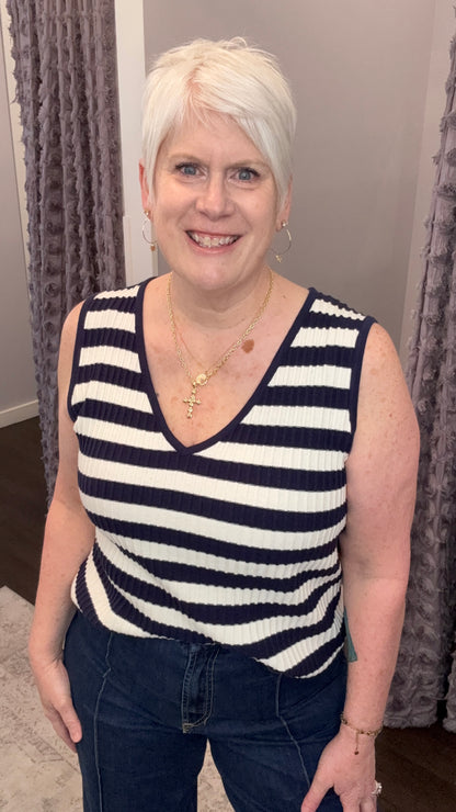 Celia Sweater Vest in Black Iris Stripe by Dear John