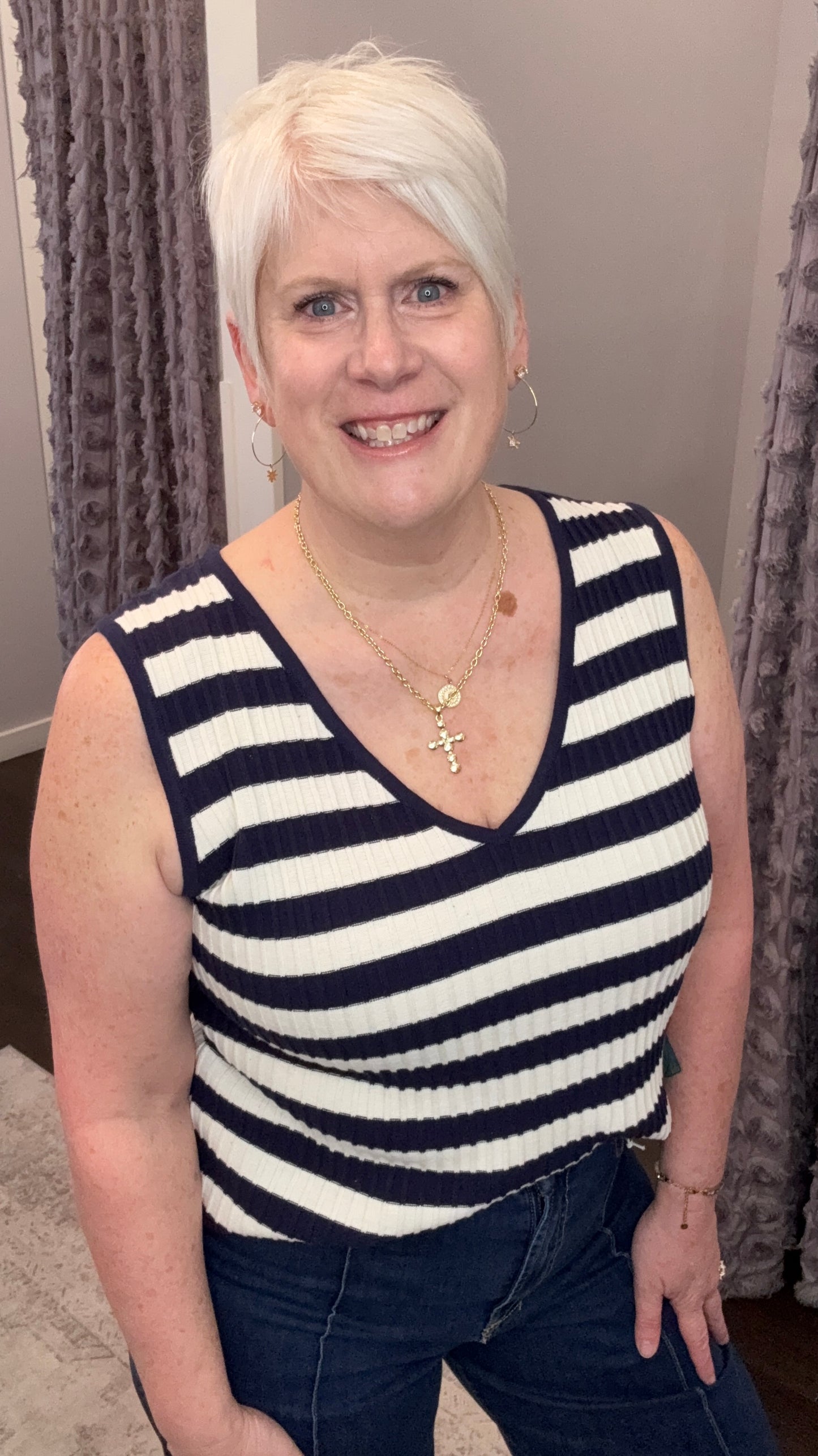 Celia Sweater Vest in Black Iris Stripe by Dear John