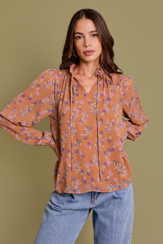 Long Sleeve Shirring Floral Top