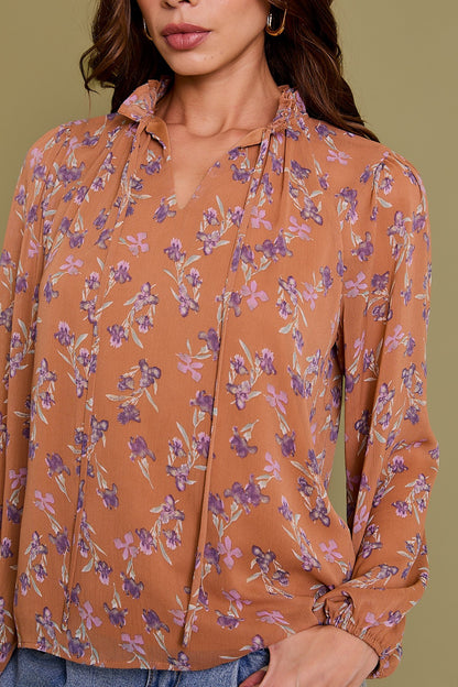 Long Sleeve Shirring Floral Top