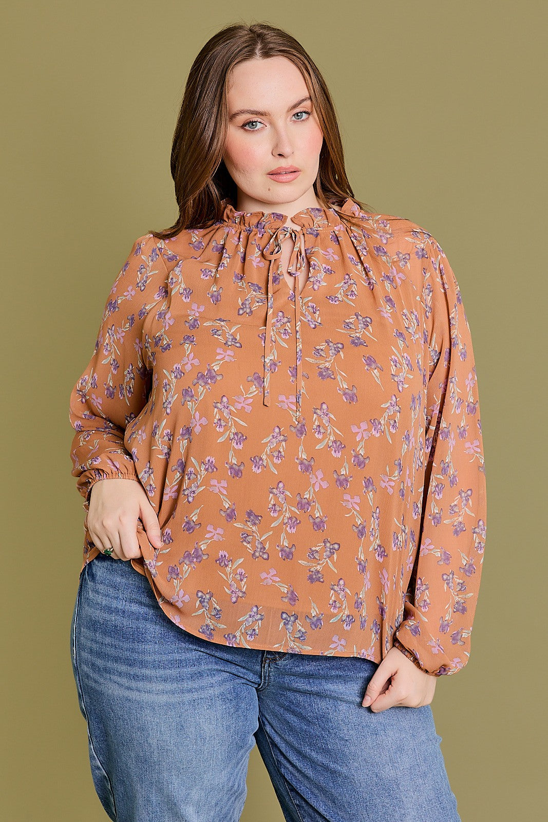 Long Sleeve Shirring Floral Top