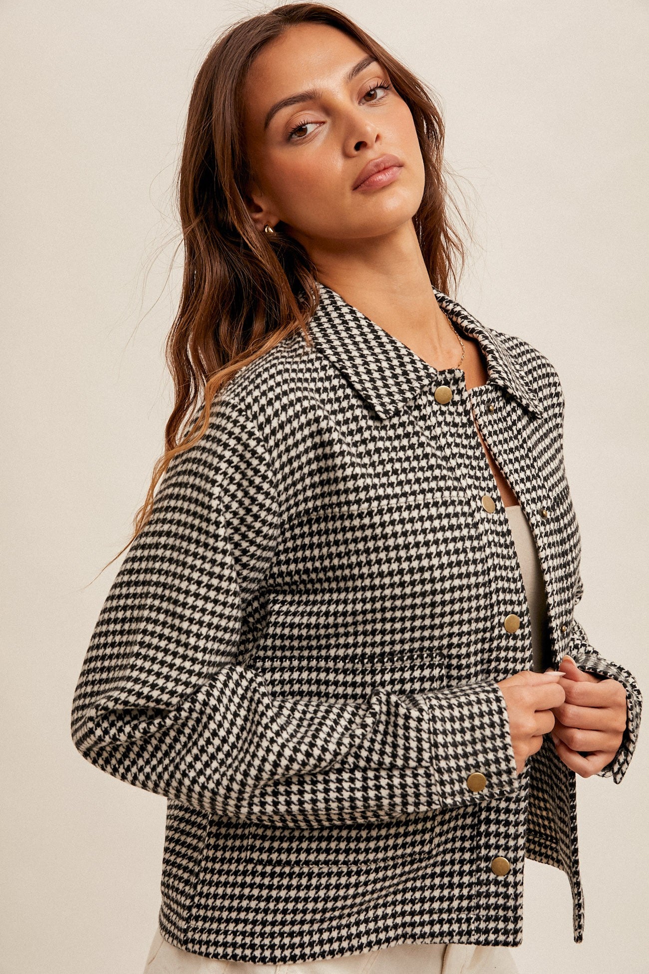 Mini Houndstooth Snap Button Crop Jacket