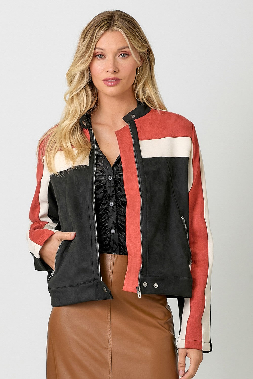 Color Block Faux Suede Moto Jacket