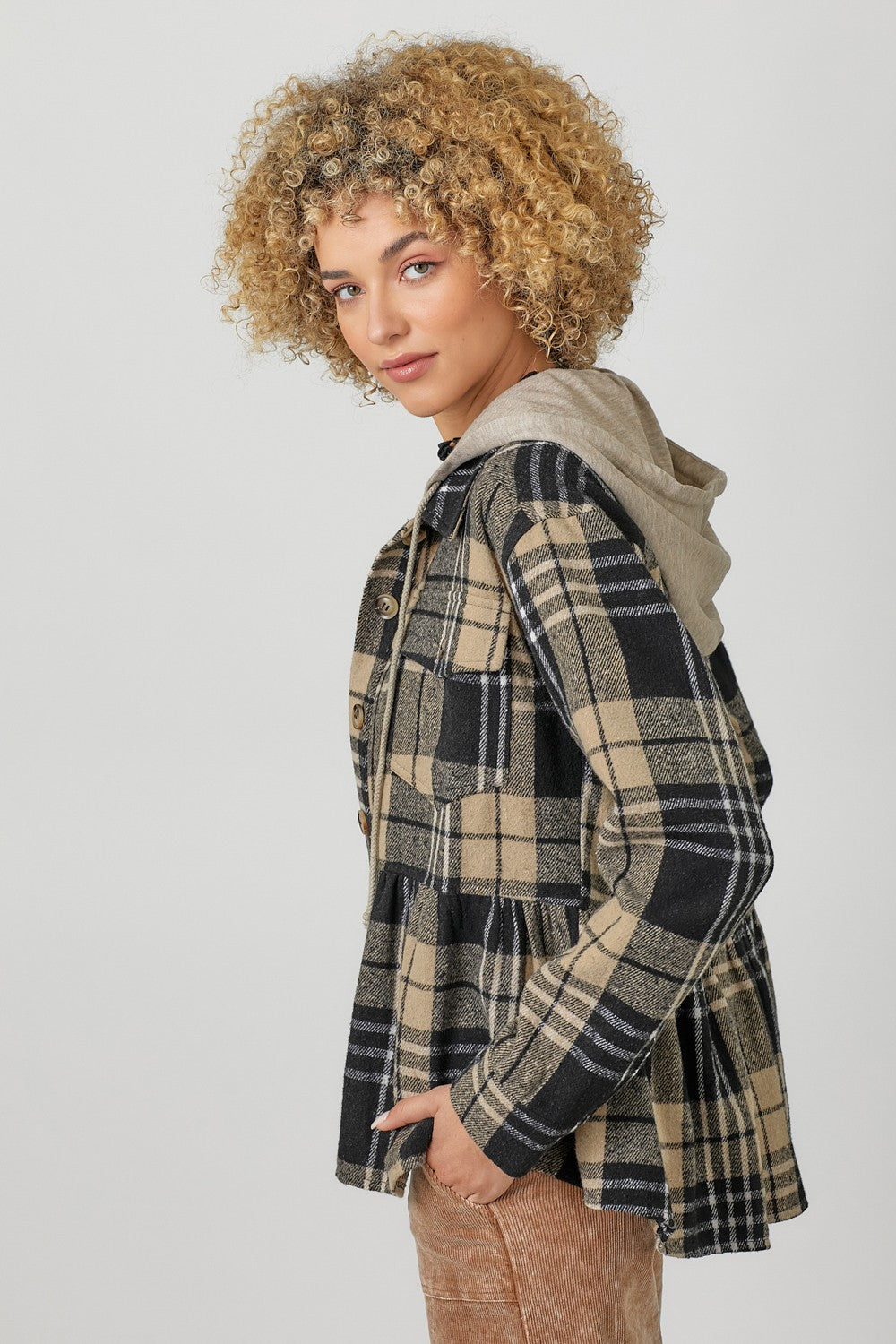 Peplum Plaid Hoodie Jacket by Mystree