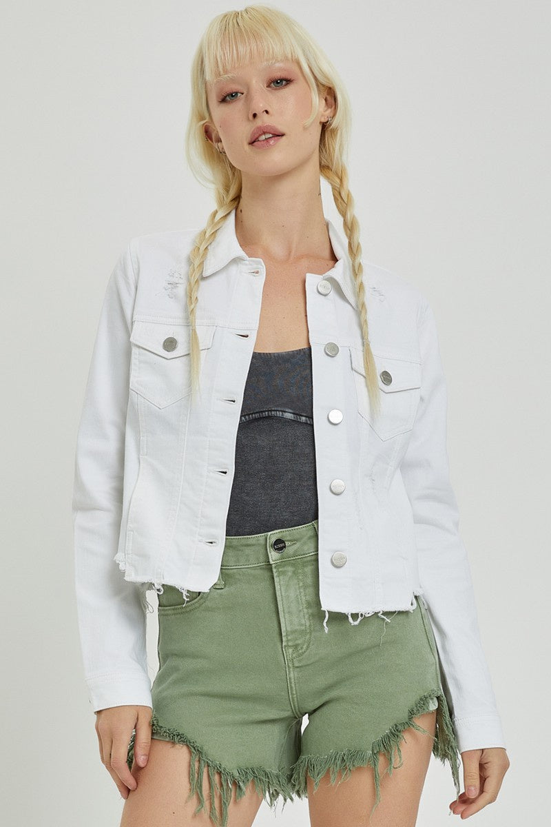 Distressed Fray Hem Colored Denim Jacket by Risen Jeans