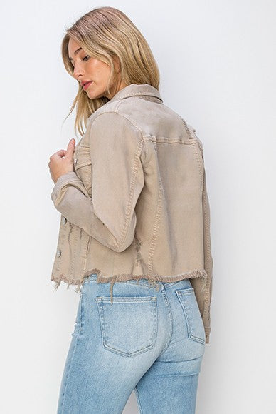 Distressed Fray Hem Colored Denim Jacket by Risen Jeans