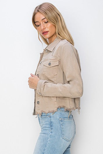 Distressed Fray Hem Colored Denim Jacket by Risen Jeans