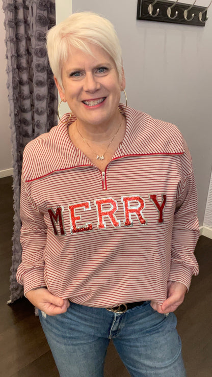 Sequined “Merry” Half Zip Pullover
