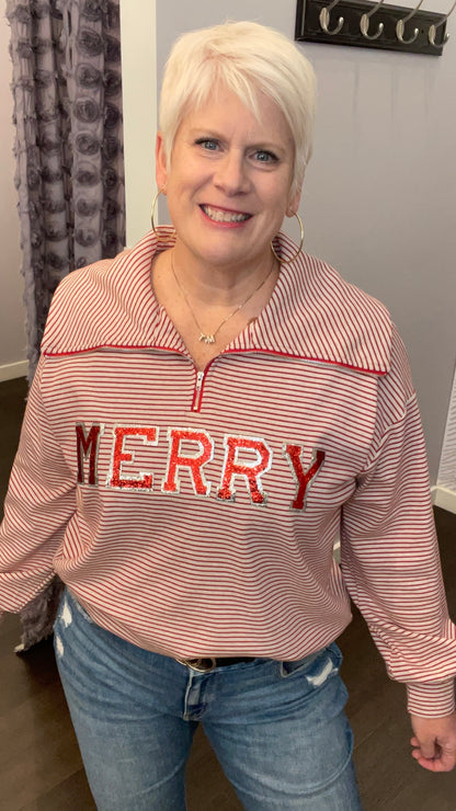 Sequined “Merry” Half Zip Pullover