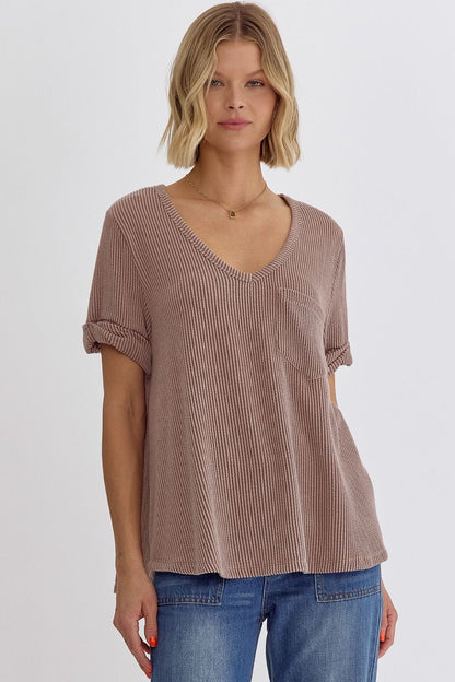 Short Sleeve V-Neck Ribbed Top