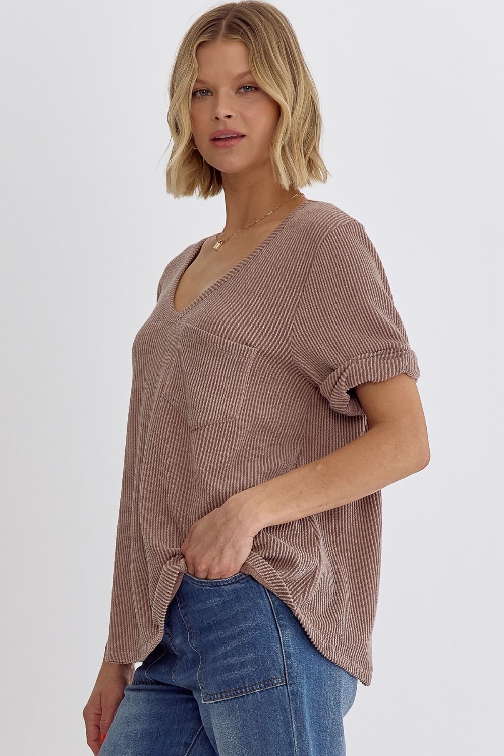 Short Sleeve V-Neck Ribbed Top