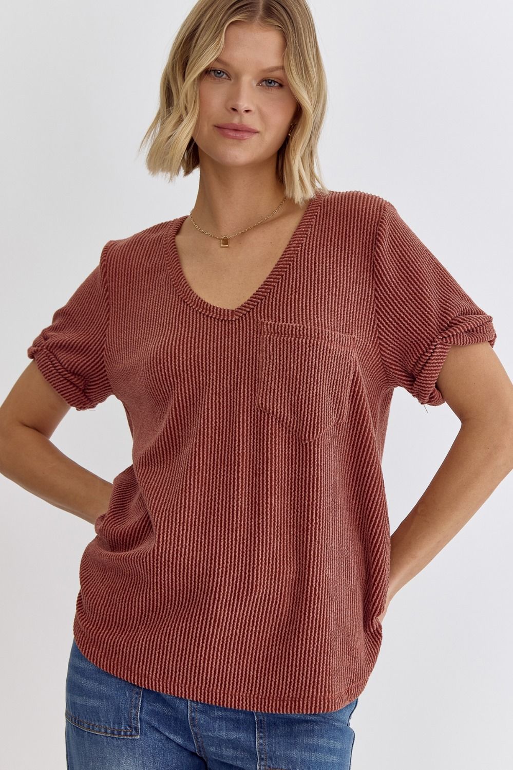 Short Sleeve V-Neck Ribbed Top