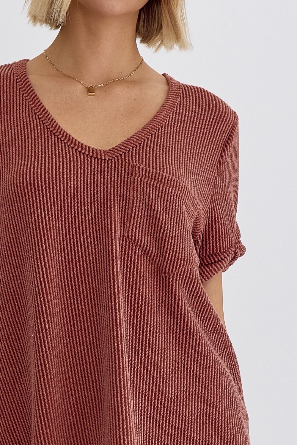 Short Sleeve V-Neck Ribbed Top