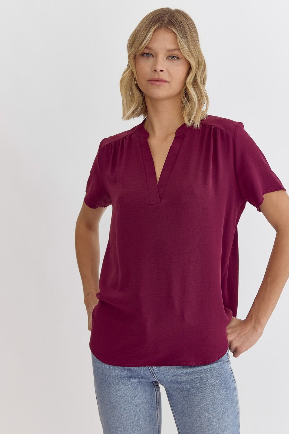 Solid V-Neck Placket Top