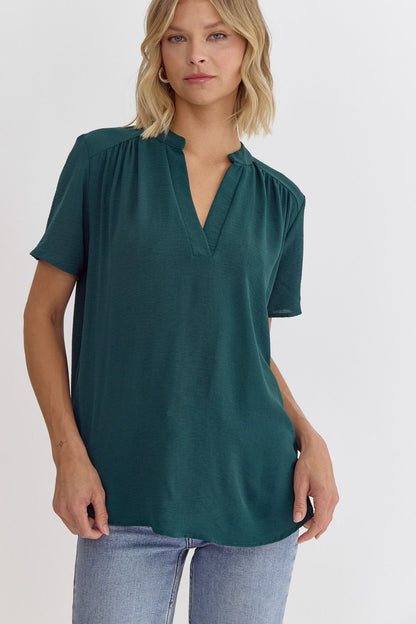 Solid V-Neck Placket Top