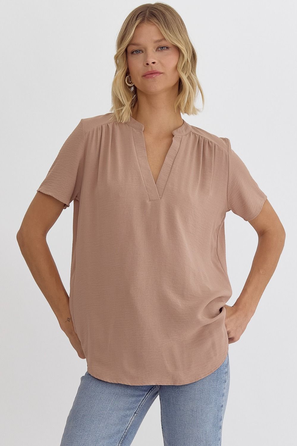 Solid V-Neck Placket Top